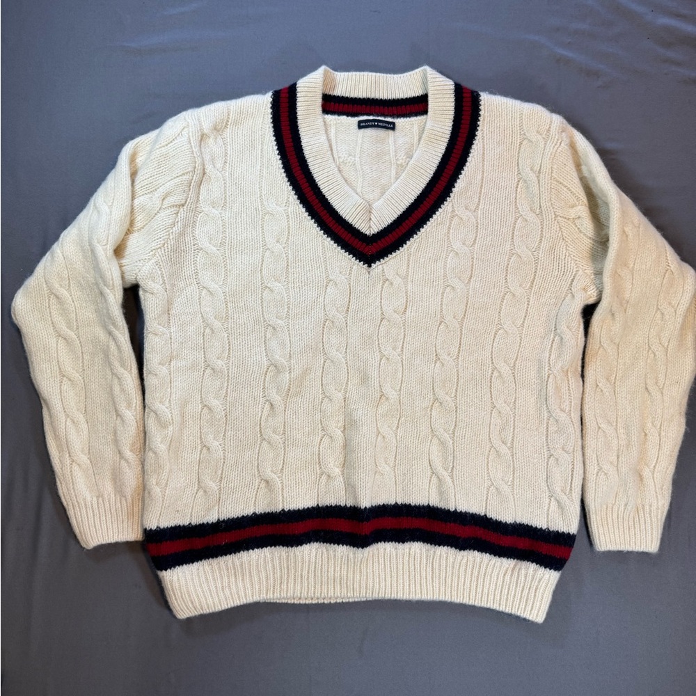 Brandy Melville Cream V-Neck Cable Knit Sweater with Red & Navy Trim